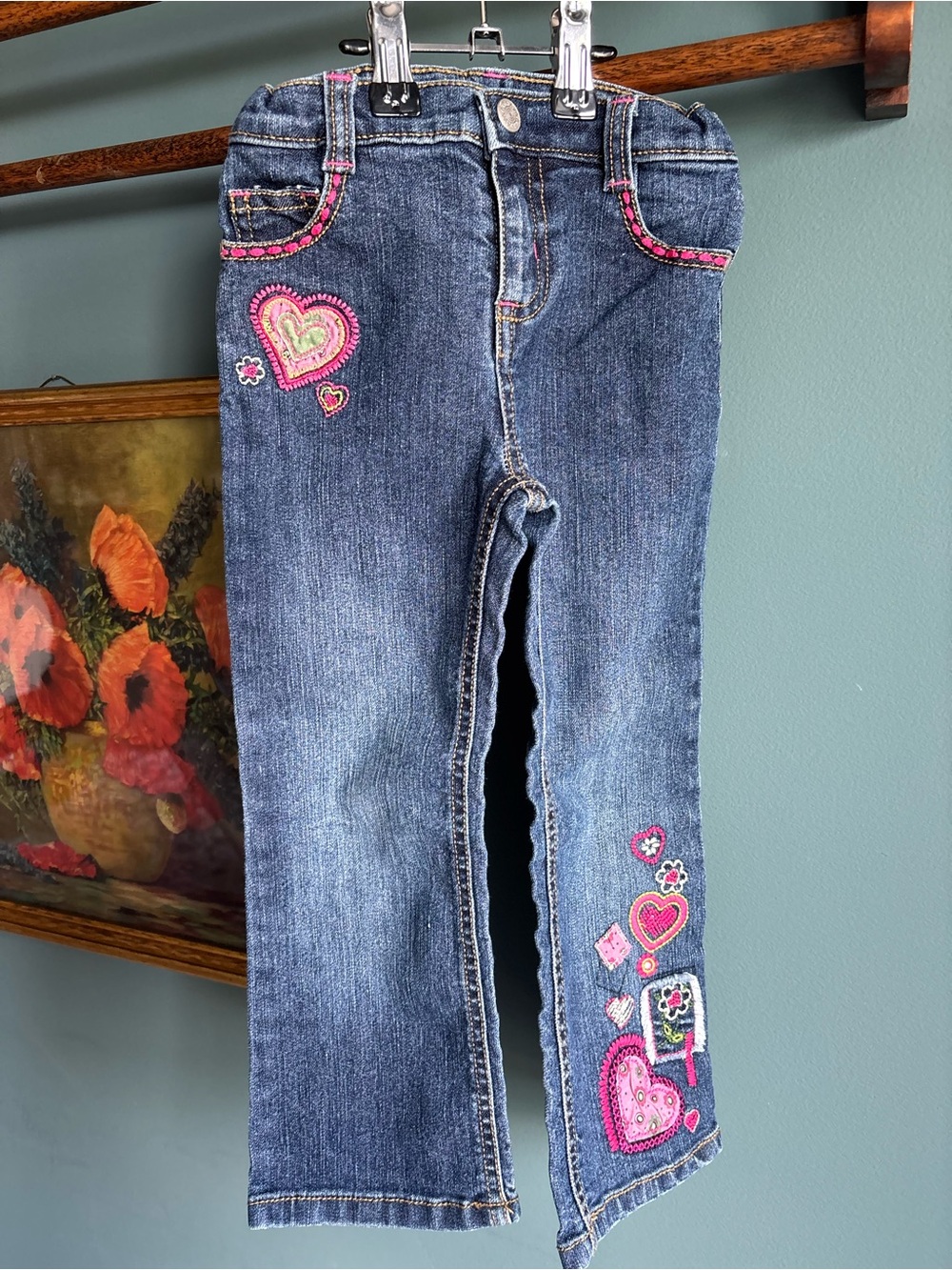 Girls' Y2K Jeans with Pink Heart Embroidery